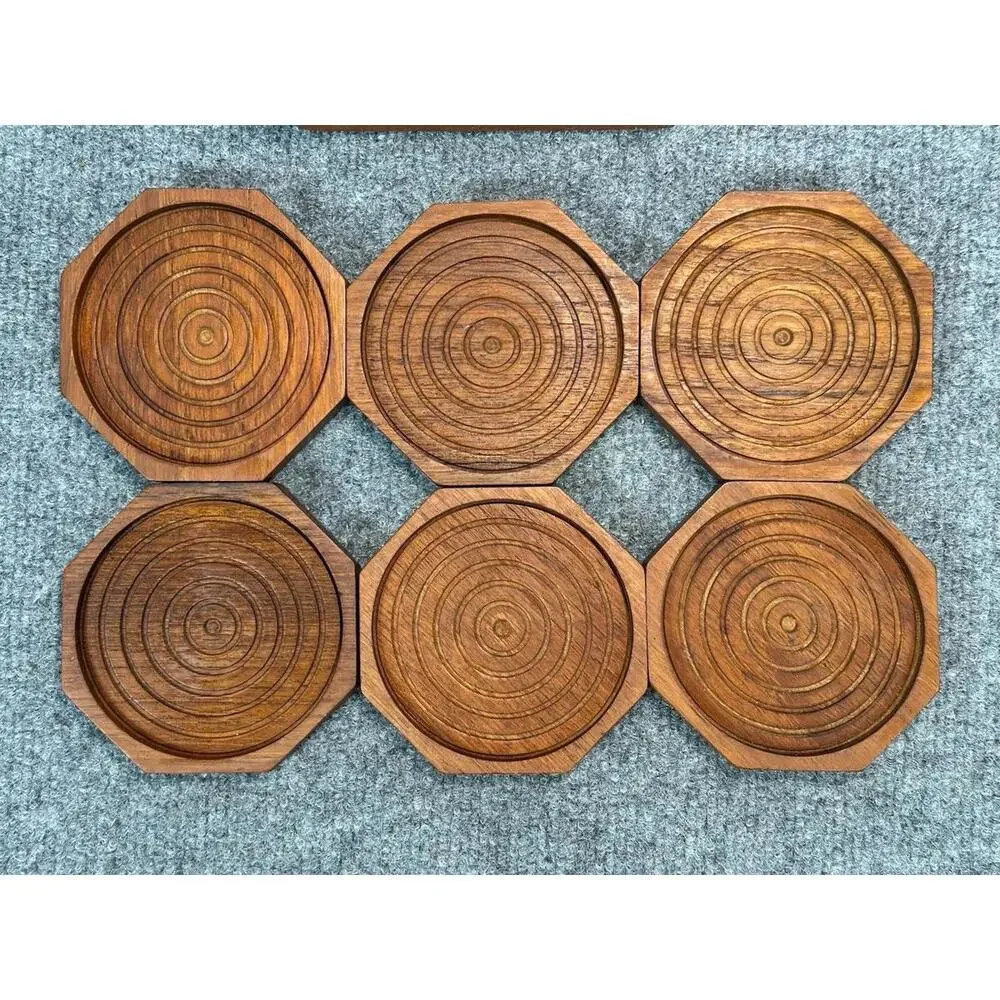 Vintage KALMAR Teak Wood‎ WOODEN COASTER  CADDY Set Of 6  HEXAGON SHAPE
